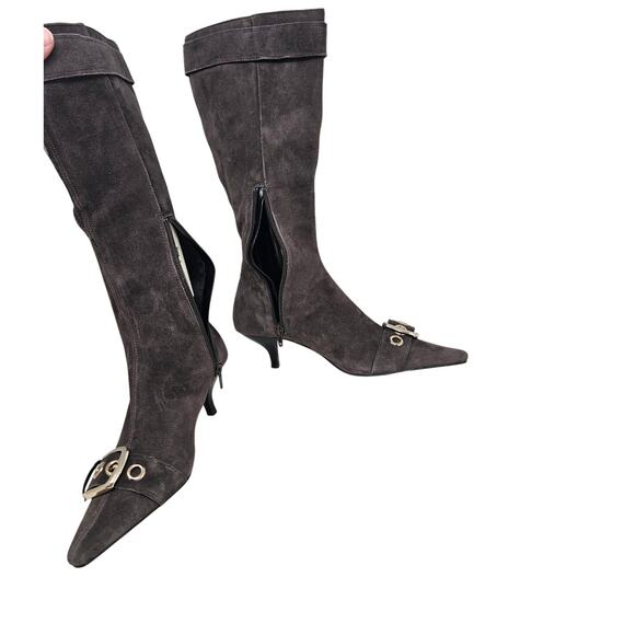 NEW MNG Mango 36 Gray Suede Leather Buckle Tall Boot Kitten Heel Minimalist - Picture 3 of 4